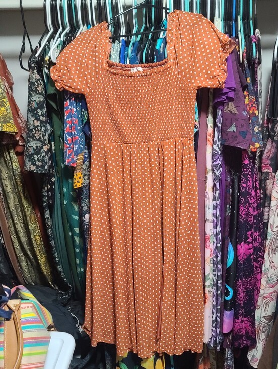 Siren Lily Dresses & Skirts - Siren Lily Rust Orange Polka Dot Smocked Top Midi Dress With Slit